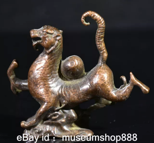 3" Rare Old Chinese Copper Feng Shui White Tiger God Beast Statue Sculpture