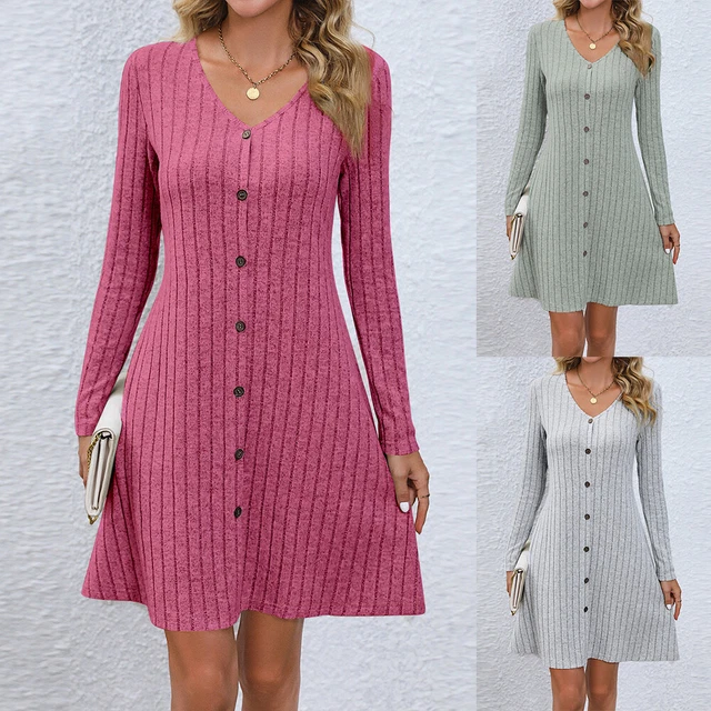 Abito In Vita Con Bottoni E Maniche Lunghe Abito Top Mini Maglione Collo A V ▼