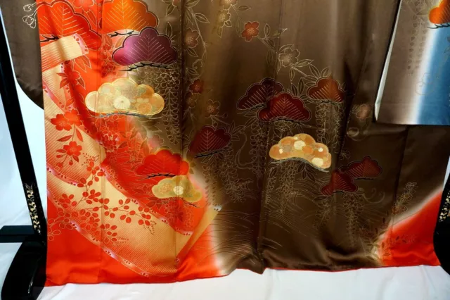Japanese kimono SILK"FURISODE" long sleeves,Gold leaf,SAKURA,Pine,L5' 6"..3389 2