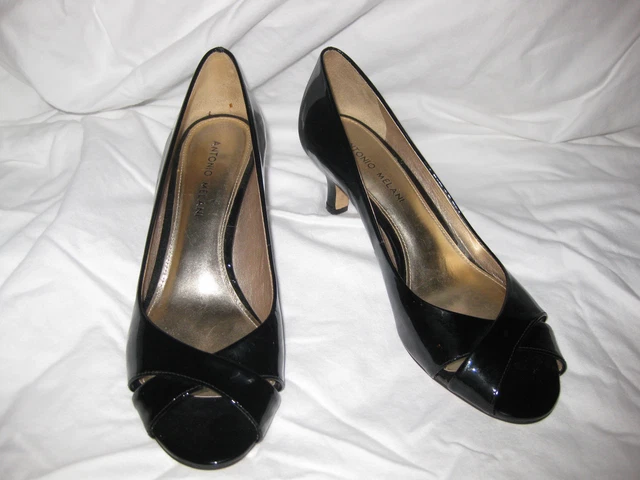ANTONIO MELANI Sz 7.5 M BLACK PATENT LEATHER PUMPS OPEN TOE EUC