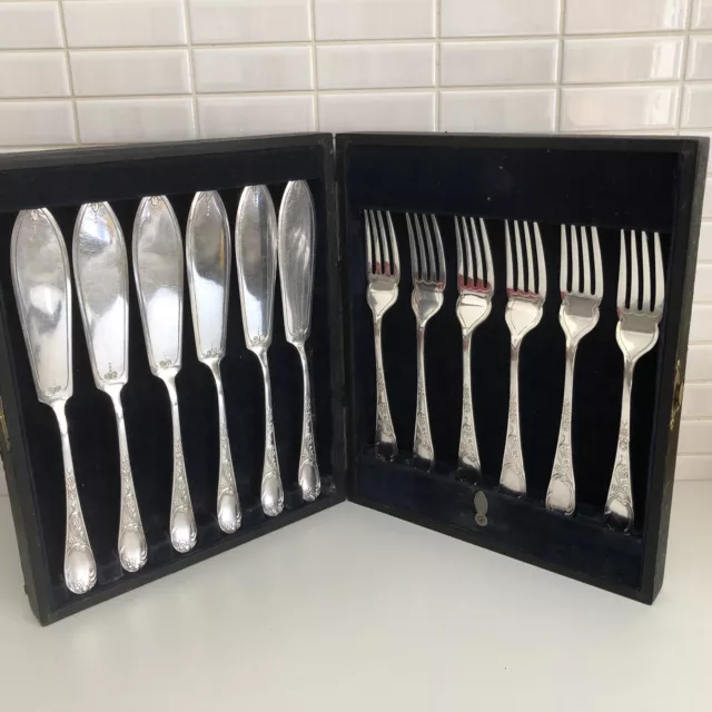 Cased Set 6x Fish Knives & Forks, Art Nouveau Style, Silver Plated, 20cm Long