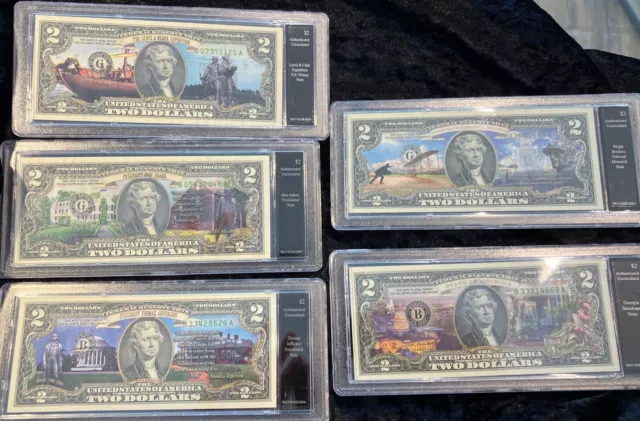 (5)thomas jefferson two dollar  $2 legal tender currency, 5 different locations