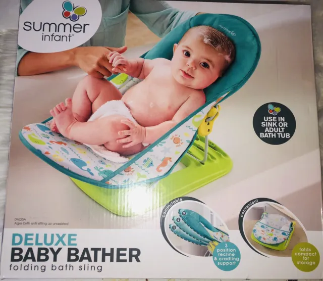 NEW Summer Infant Deluxe Baby Bather Folding Bath Sling Green Ocean Critters