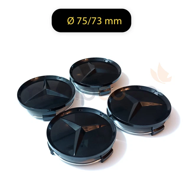 4x Cache Moyeux Centre Roue Ø 75/73mm Logo Mercedes Benz Full Black Gloss Noir B