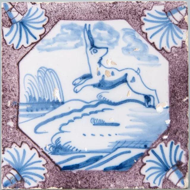 Nice Dutch Delft Blue & Manganese tile, hare, 18th century.