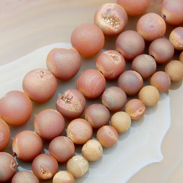 Metallic Titanium Coated Champagne Natural Agate Druzy Beads 8mmm 10mm 12mm 14mm