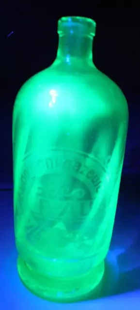 c. 1900 Green Uranium Glass French Seltzer Bottle 9.5" Tall F. Aubert Antique