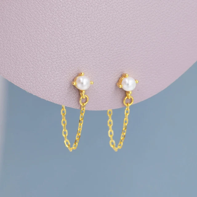 Sterling Silver Pearl and Chain Earrings in Sterling silver, Tiny Ear Jacket