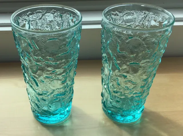 2 Anchor Hocking Lido Milano Crinkle Textured Turquoise Vintage Glasses 5.4” H