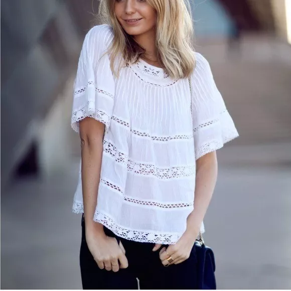 Love Sam Embroidered Crochet Pleated Short Sleeve Crewneck Shirt Boho White XS