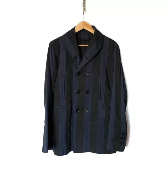 Ann Demeulemeester Striped Double Breasted Shawl Collar Jacket Size S Black Blue