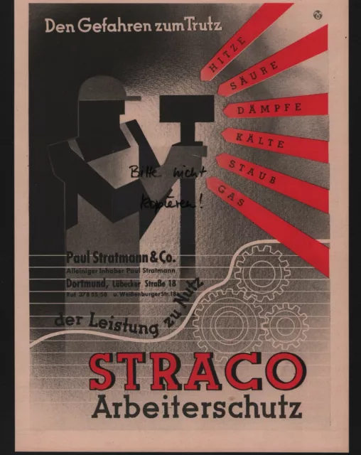 DORTMUND, Werbung 1938, Paul Stratmann & Co. Straco Arbeiterschutz