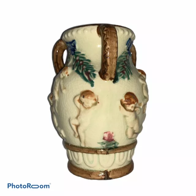 Vintage Majolica Hand Painted Small Vase/Urn With Cherub Design Made In Japan 2