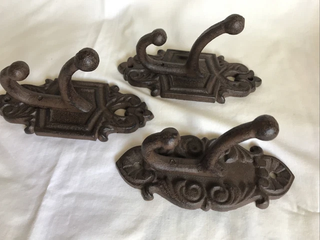 3 Cast Iron Double Coat Hooks Vintage Style Hat Rack Hall Tree Hanger 4