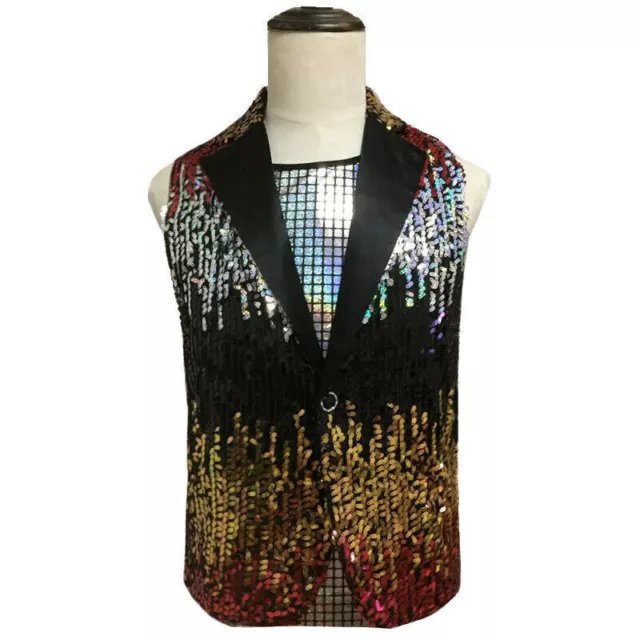 Mens Sequin Waistcoat Sleeveless Notch Lapel Jacket Gilet Vest Fancy Dress 2