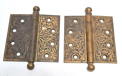 2 Matching Vintage Brass Finish Eastlake Style 4 X 4 Cannon Ball Pin Hinges #1
