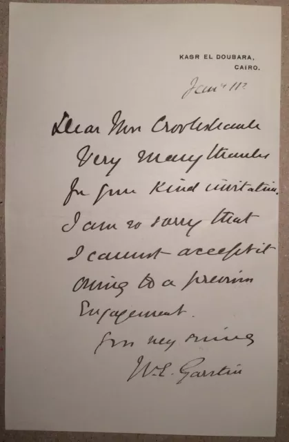 Sir William E Garstin [1849-1925] - transformed hydrology of the Nile - letter