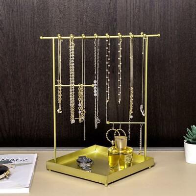 Tabletop Brass-Tone Metal Necklace and Bracelet Hanger Stand with Ring Dish Tray