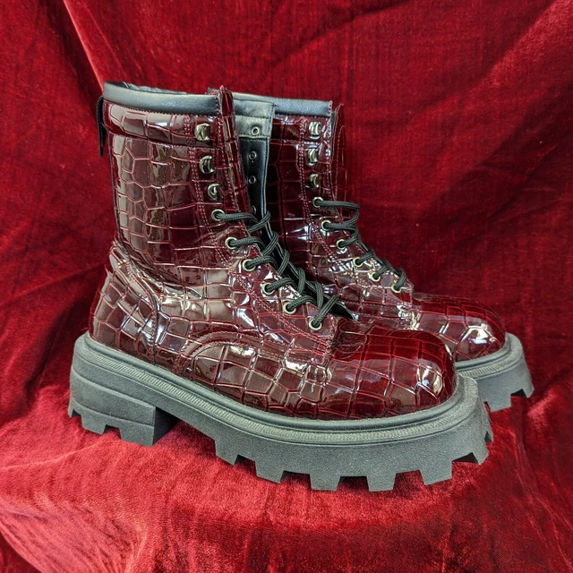 TOPSHOP PATENT FAUX Leather Cherry Red Chunky Boots UK 8 EU 41 lace ankle shoes 35.00 PicClick UK