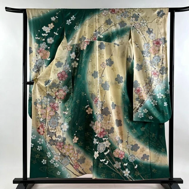 Woman Japanese Kimono Furisode Silk Plum Cherry Blossom Gold Foil Green