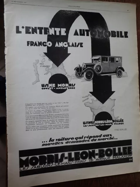 MORRIS LEON BOLLEE LE MANS + RADIOLA SFER 20 publicité papier ILLUSTRATION 1927