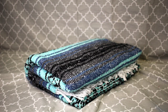 NEW! HN Authentic Mexican Blankets - Hand Woven Blanket - Grey Blue Emerald