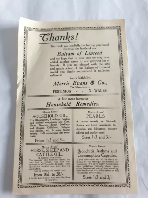 Morris Evans & Co Festinog Wales letter balsam linseed antique vintage ephemera