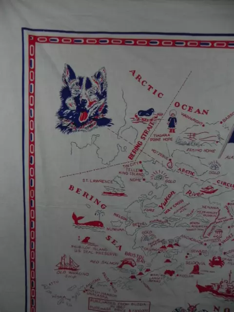 Vintage c.1958 ALASKA Souviner Map Tablecloth Cotton Muslin BERING SEA wolf f27 2