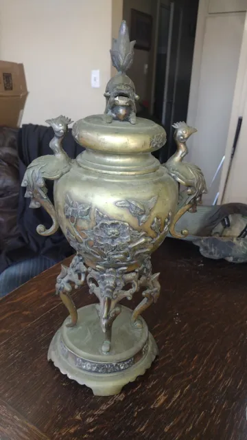 Antique Old Chinese Bronze Incense Burner Guardian Foo Dog Lion Censer Urn 16"