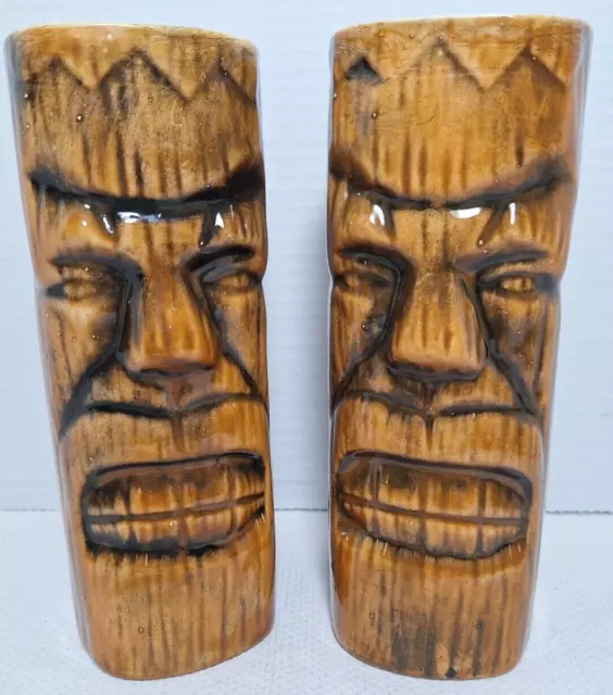 2 Vintage Tiki Mugs Brown Wood Tone Ceramic 7 5/8" Totem Hawaiian Barware