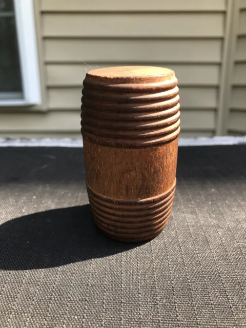 Antique Small Treen Wooden Barrel Container Jar Box Turned Ribbed