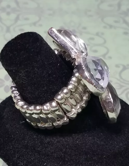 Vintage Silver Tone Large Rhinestones Stretch Metal Ring Retro Size 7 3