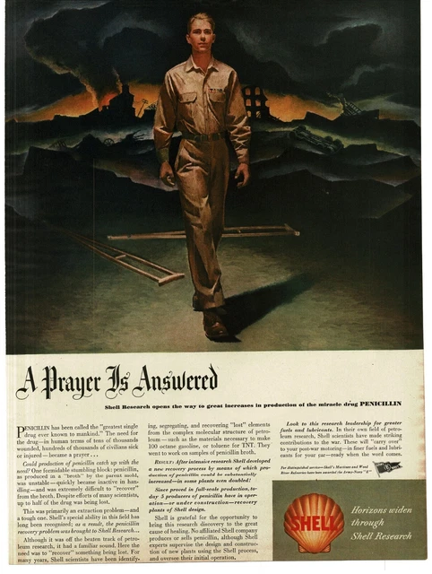 1945 Shell Oil Company Research increases Penicillin Production Print Ad