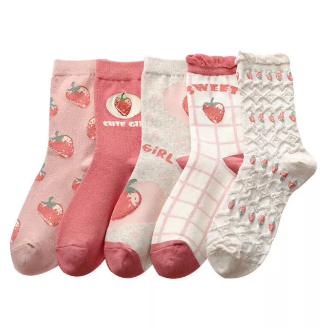 NEW 5 Pairs Womens Ladys Cotton Socks Lot Warm Pink Strawberry Casual Crew Socks