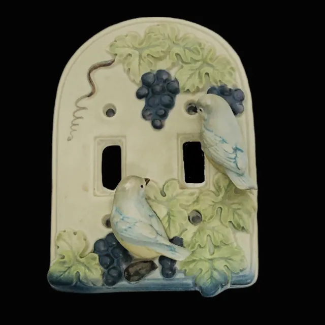 Takahashi Japan Double Light Switch Cover Porcelain Grapes Ivy Bird Vintage