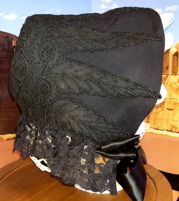 SPOON BONNET Reproduction 1860's Civil War Era Black Silk Mourning Bonnet