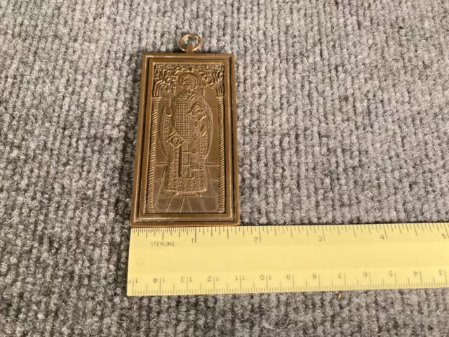 Vintage Orthodox Brass Metal Pendant Engolpion Saint Ambrose 3 1/4 x 1 5/8 x 1/8 3