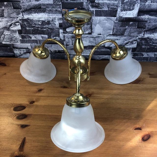 Vintage Antik Massiv Messing 3 Arm Schwanenhals Kronleuchter Mattierglas Lampenschirme