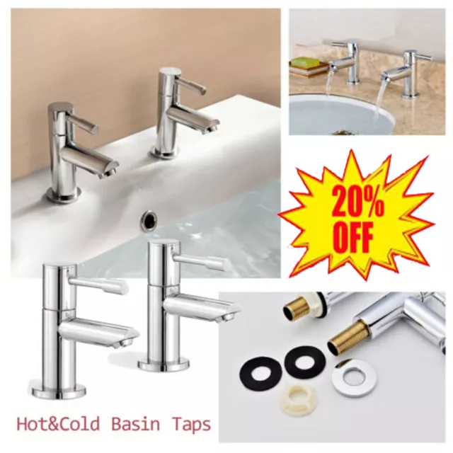 2PCS Twin Basin Sink Taps Hot and Cold Pair Tap Bathroom Cloakroom Faucet Chrome