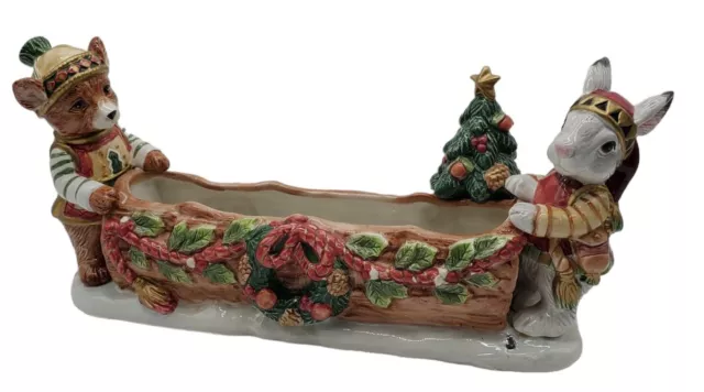 Fitz & Floyd Christmas Lodge Cracker Cradle With Bear & Bunny EUC