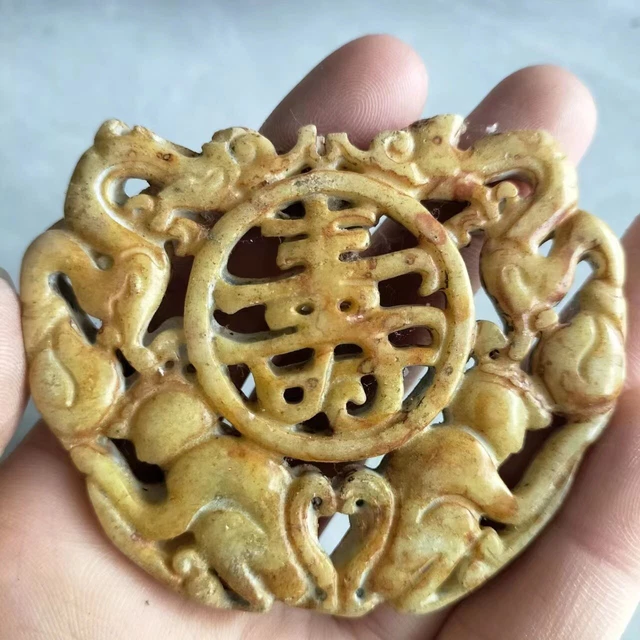 Antique Collect Chinese Old Jade Carving Animal Two Monkey Dragon Pendant