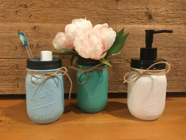 Painted Mason Jar Soap Dispenser Loation Pump Vase Tooth Brush Holder