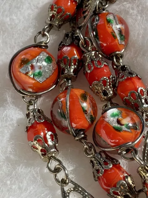 Czech Foil Glass Bead Necklace Orange Art Glass 1930s Style Art Deco Jewelry 40”