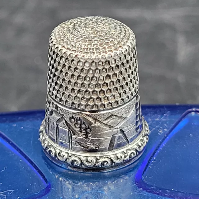 Antique Simons Brothers Village Scene & Vista Sterling Silver Size 9 Thimble