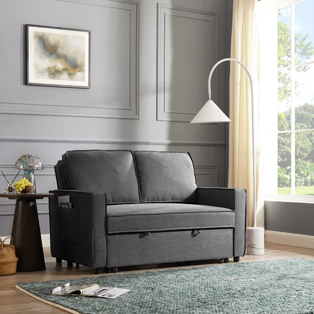 2 SEATER SOFA Bed Pull Out Linen Fabric Dark Grey Blue Linen Sofabed £ ...