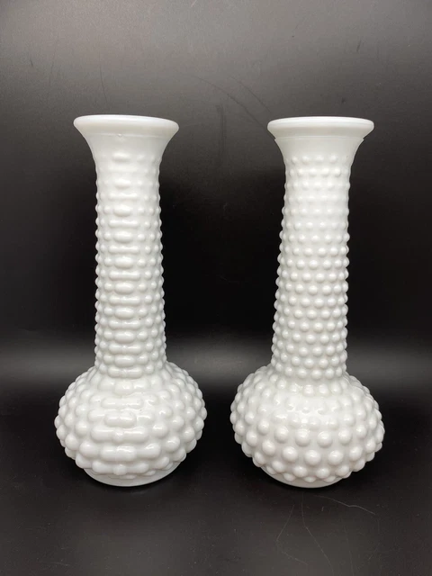 Vintage E.O. Brody Co. White Milk Glass Hobnail Bud Vase 7.5” Set of 2