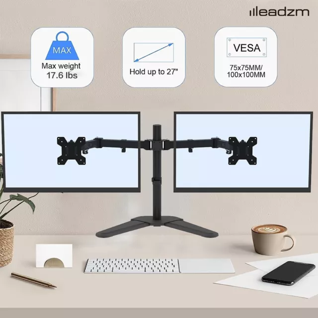 Double Arm Desk Mount Bracket Lcd Computer Monitor Stand 13”-27” Screen Office