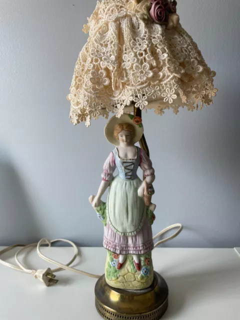 Antique Victorian Woman Porcelain figural Lamp with shade. 16" tall