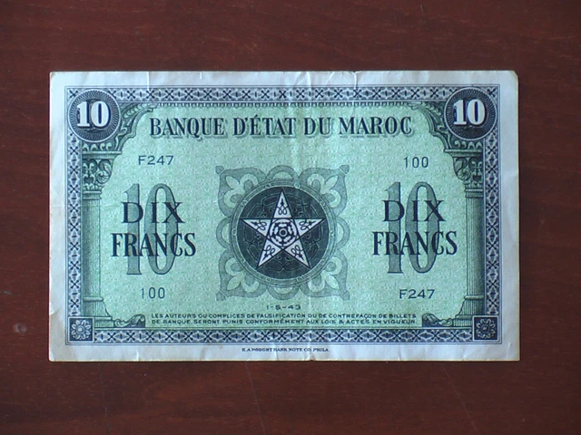 Maroc 1943 banknote 10 Francs, circulated, see the pictures