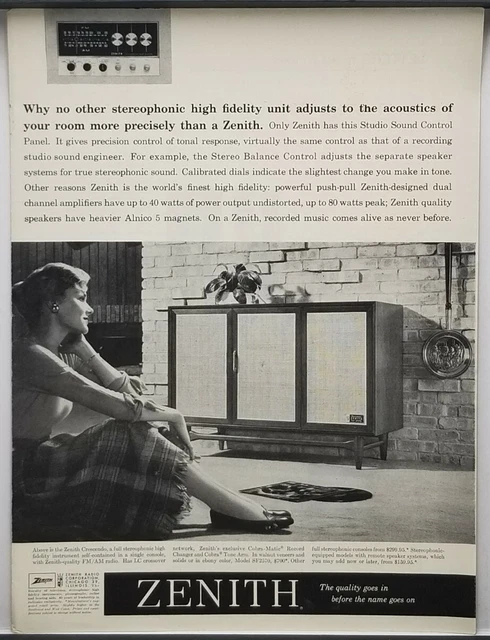 1959 Zenith Crescendo AM/FM Radio Stereophonic High Fidelity Vintage Print Ad
